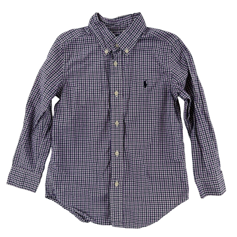 Ralph‎ Lauren Dress Shirt Boys 5 Purple Gingham Button Down Long Sleeve Logo